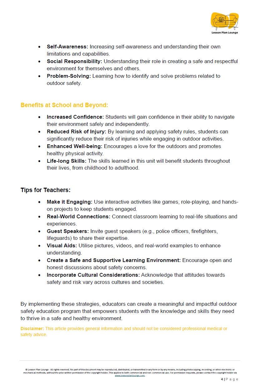 Outdoor Safety: 10 Lesson Plans + 1 Summative Assessment + Worksheet suggestions (Primary Education)