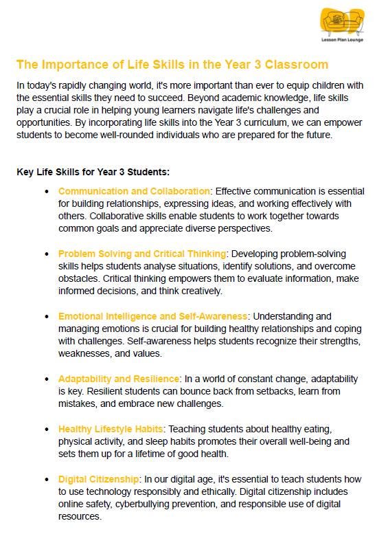 60 Engaging Life Skills Lessons for the Year 3 Student