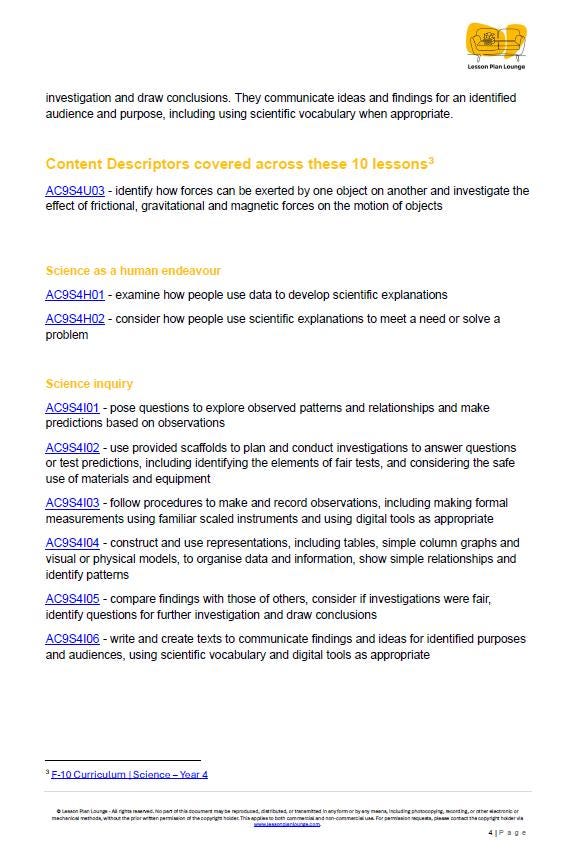 Science - Physical Sciences: 10 Lesson Plans + 1 Summative Assessment and FREE Student WORKBOOK (Year 4)