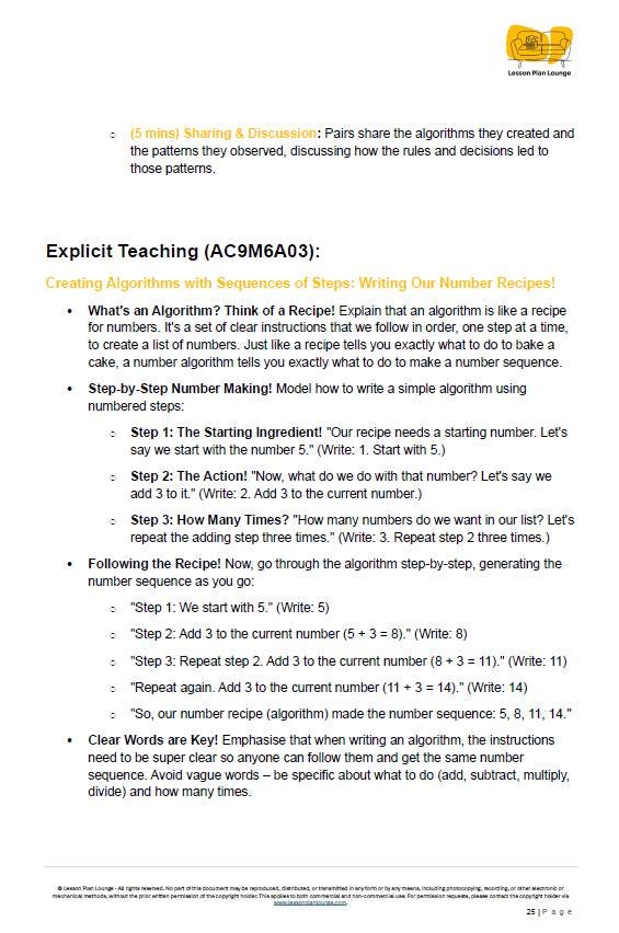 Mathematics - ALGEBRA: Lesson Plans covering 21 Lessons, Summative Assessment Task and FREE Student Workbook (Year 6)