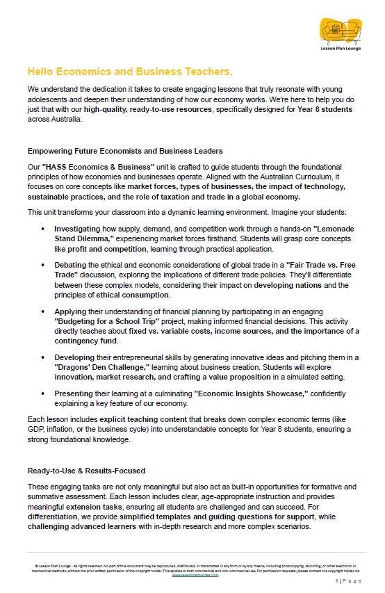 HASS Economics and Business: 12 Lesson Plans + 1 Summative Assessment Task + FREE Student WORKBOOK (Year 8)