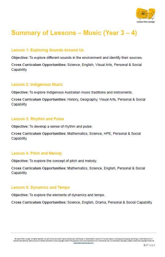 Music - The Arts: 10 Lesson Plans + 1 Summative Assessment Task (Year 3)