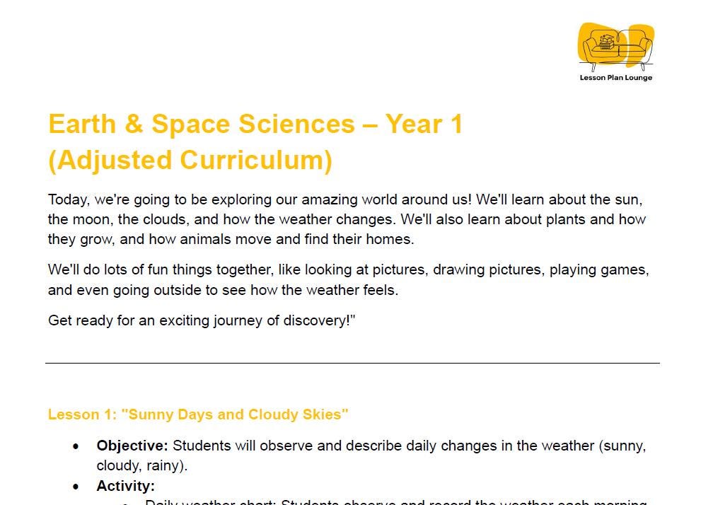 EARTH AND SPACE Sciences Adjusted Curriculum: 12 Lesson Plans + 1 Summative Assessment Task (Year 1)