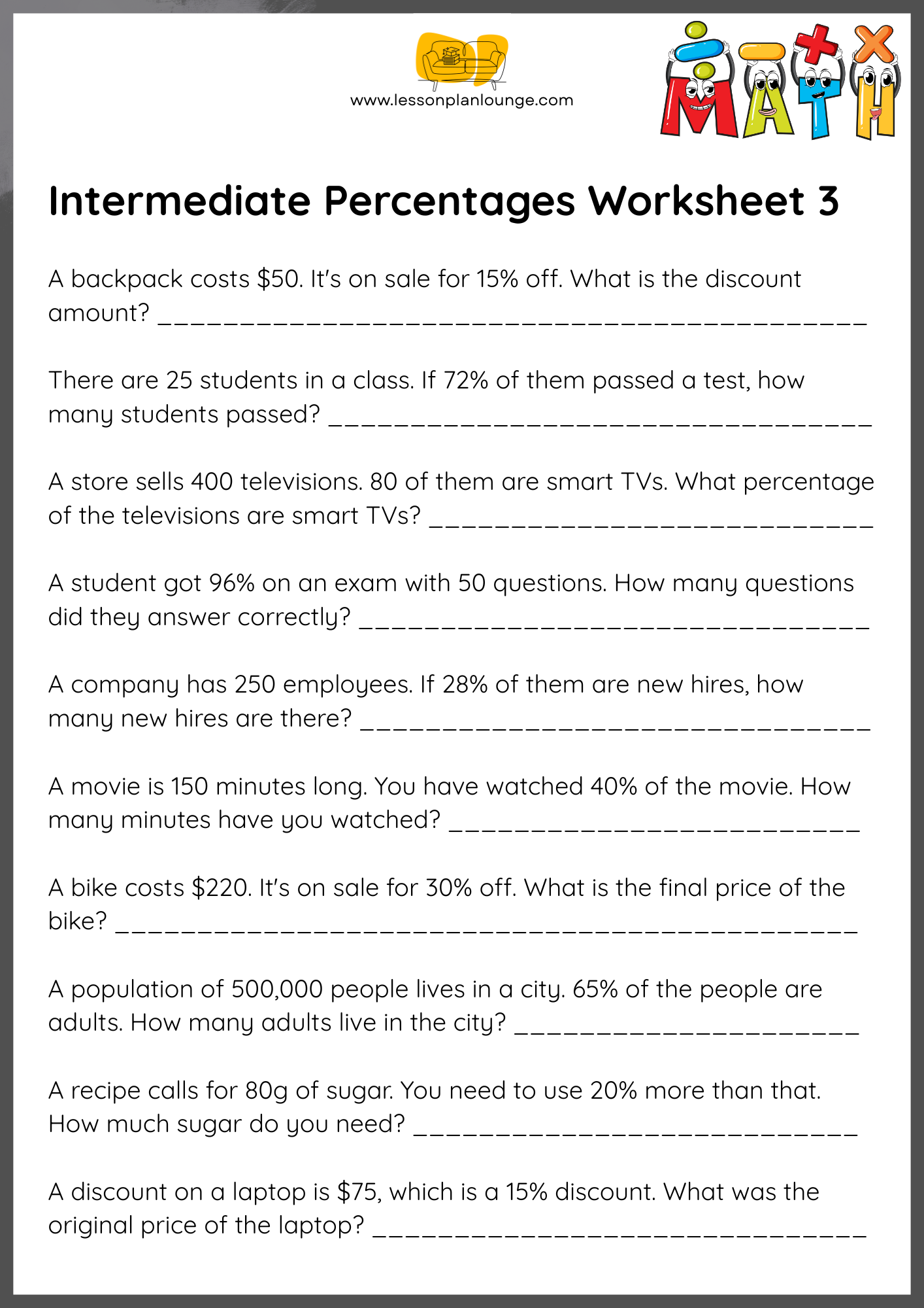 FREE Worksheets - Mathematics - Intermediate Percentages - Primary/ High School