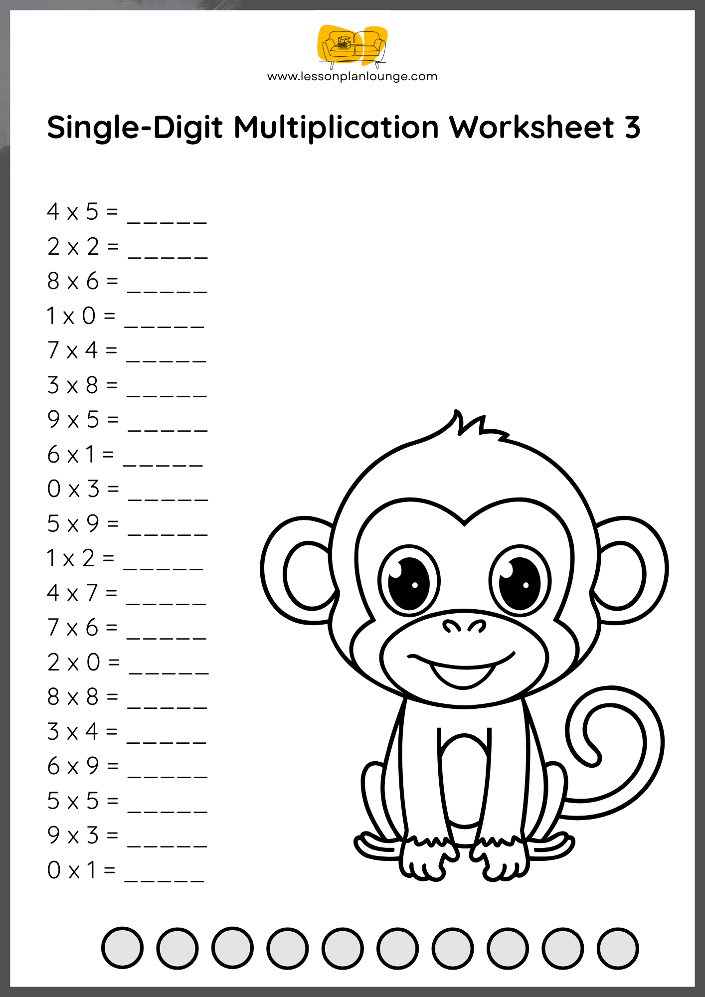 FREE WORKSHEETS - Mathematics - Single Digits Multiplication - Primary Education