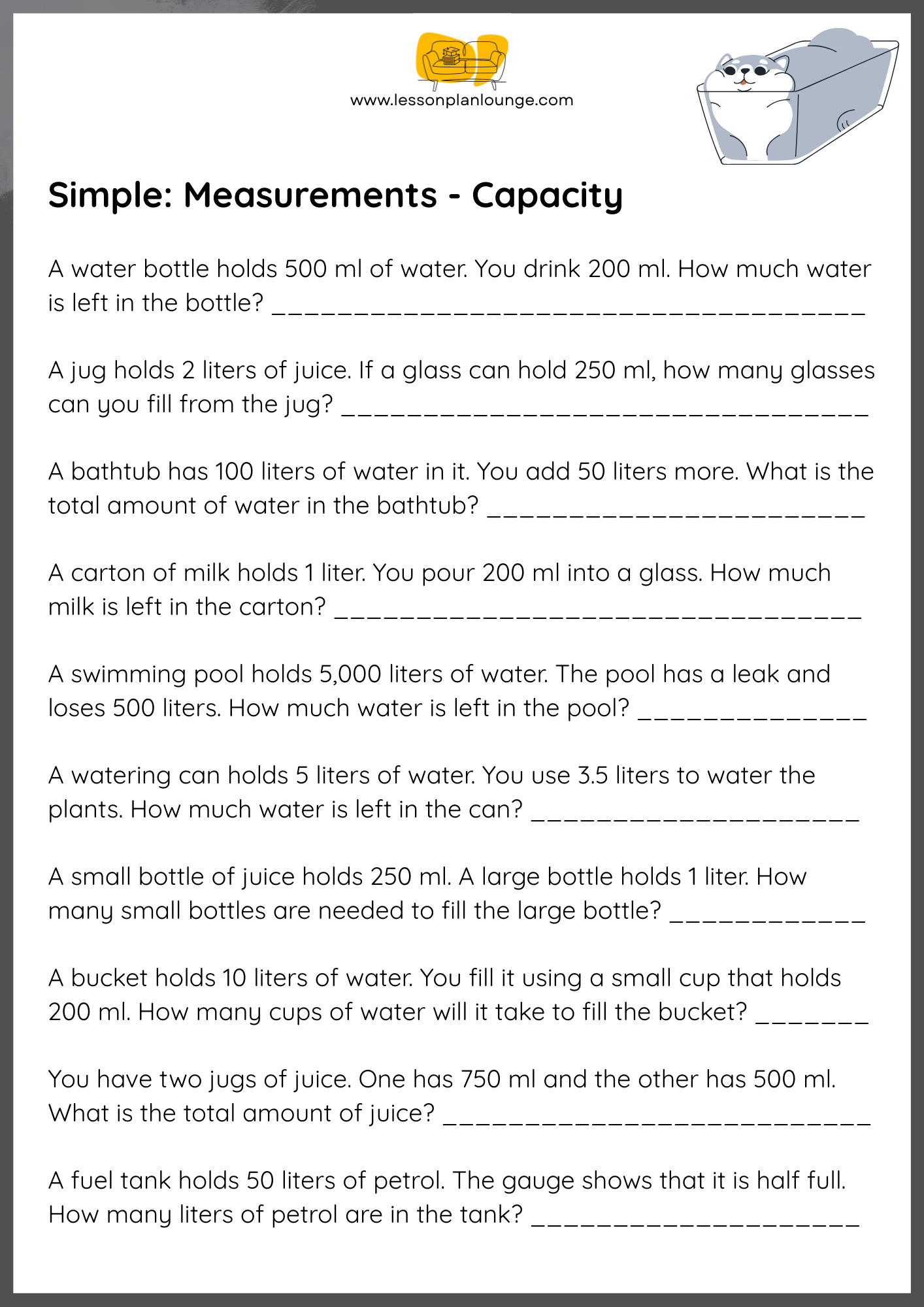 FREE Worksheets - Mathematics - Simple Measurements - Primary School