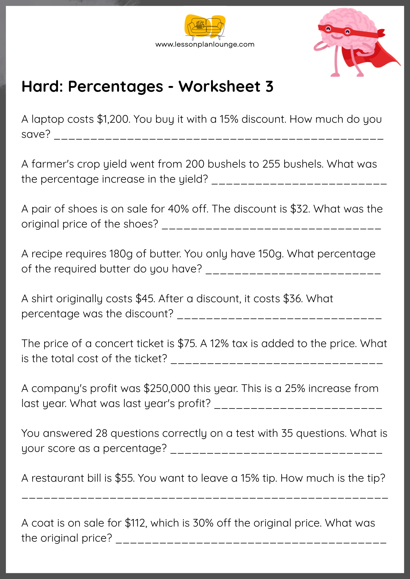 FREE Worksheets - Mathematics - Hard Percentages - Primary/ High School