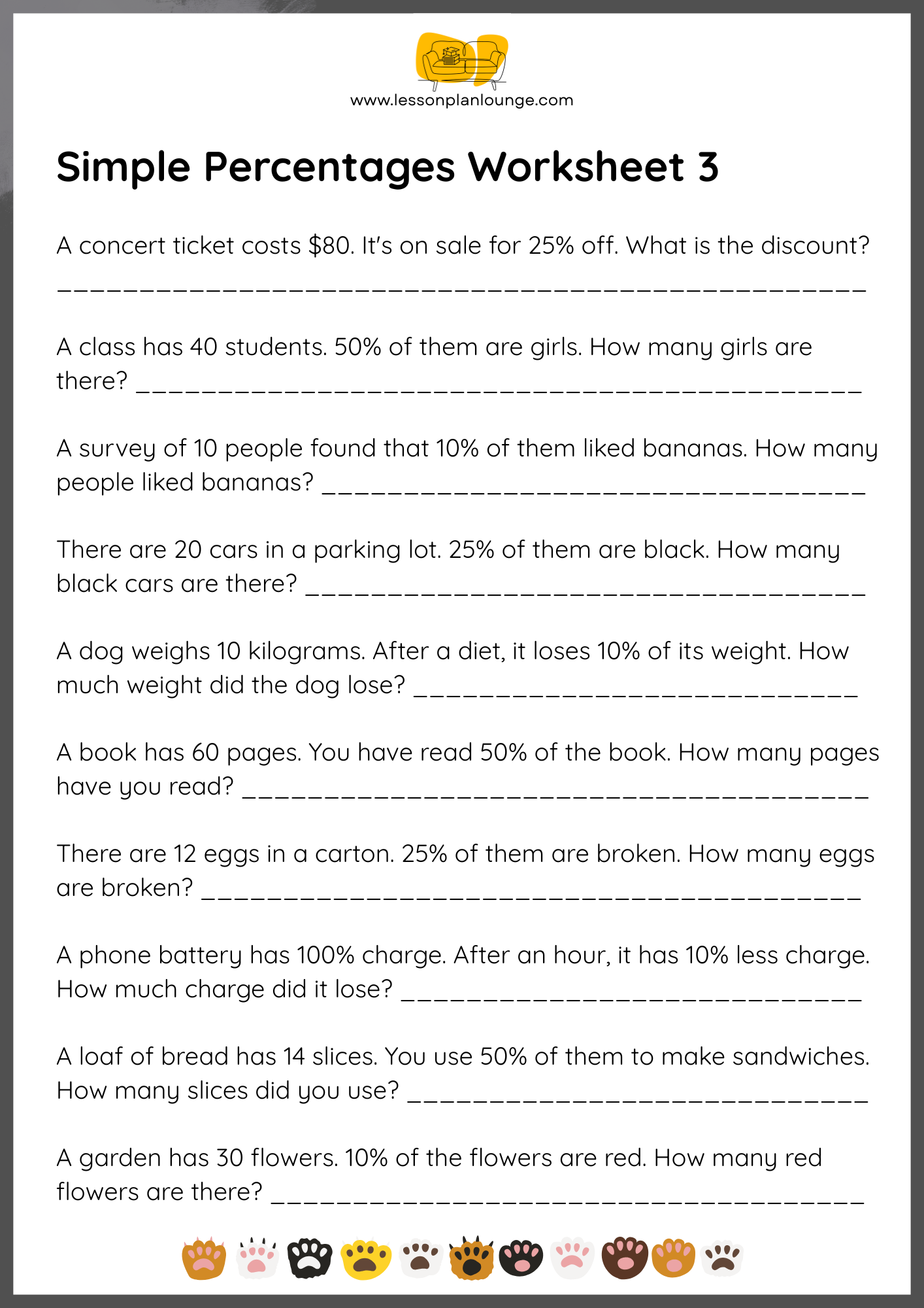 FREE Worksheets - Mathematics - Simple Percentages - Primary Education