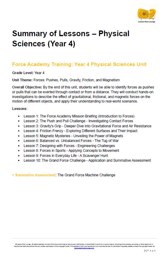 Science - Physical Sciences: 10 Lesson Plans + 1 Summative Assessment and FREE Student WORKBOOK (Year 4)
