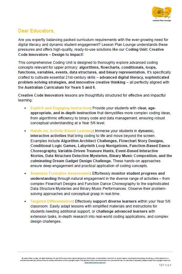 Technologies - Code Commander (Coding): 10 Lesson Plans + Summative Assessment Task (Year 5 and Year 6)