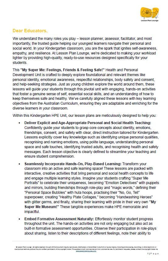 HPE - Personal, Social and Community Health: 11 Lesson Plans + 1 Summative Assessment and FREE Student WORKSHEETS (Kindergarten)
