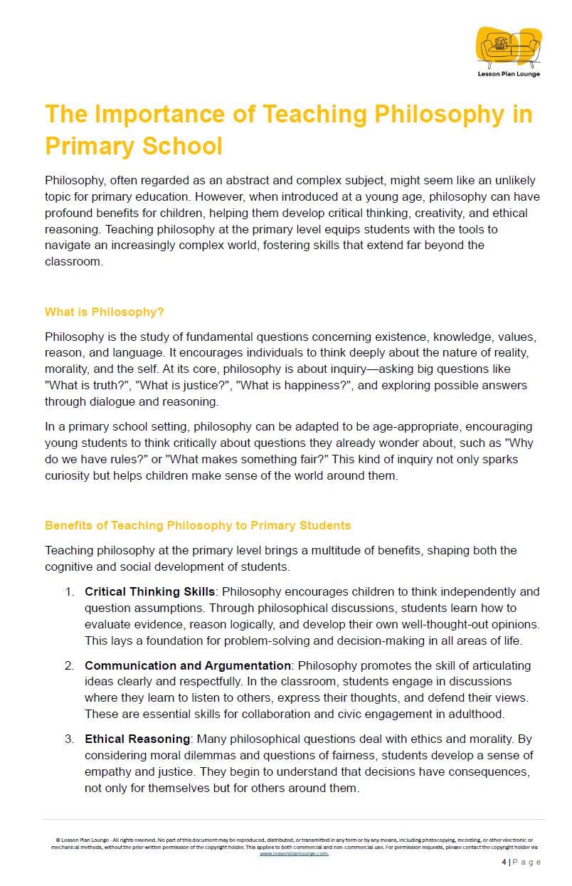 Philosophy: 10 Lesson Plans + 1 Summative Assessment Task (Year 3-6)