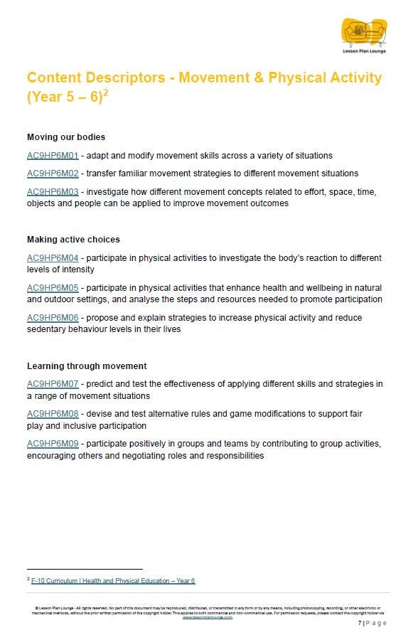 HPE - Movement and Physical Activity: 20 Lesson Plans + 1 Summative Assessment Task (Year 6)