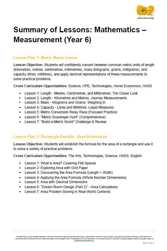 Mathematics - Measurement: Lesson Plans offering 28 Hands-On lessons + Summative Assessment Task + FREE Student Workbook (Year 6)