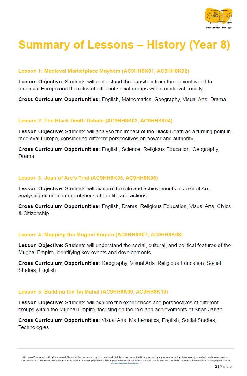 HASS History: 8 Lesson Plans (covering 16 lessons) + 1 Summative Assessment Task + FREE Student WORKBOOK (Year 8)