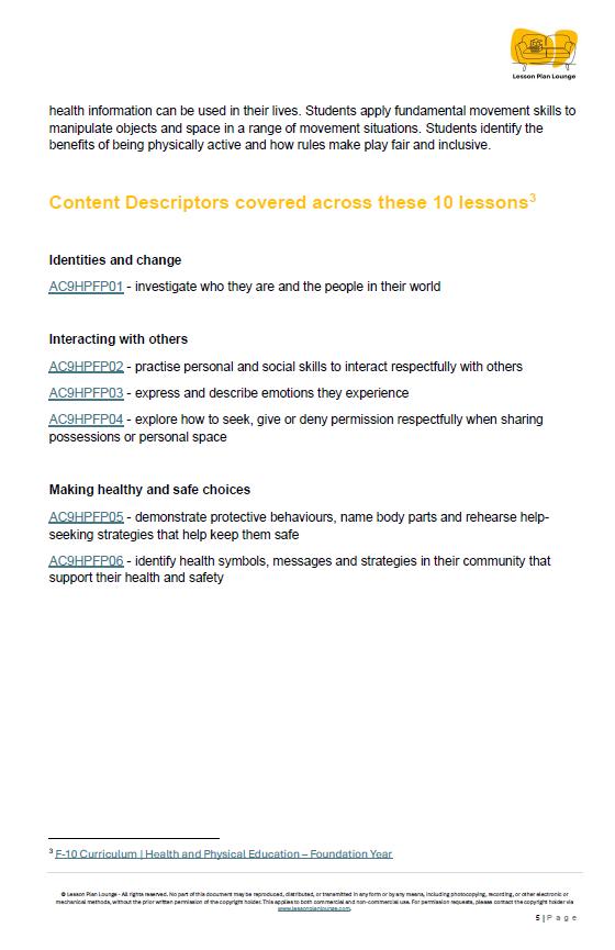 HPE - Personal, Social and Community Health: 11 Lesson Plans + 1 Summative Assessment and FREE Student WORKSHEETS (Kindergarten)