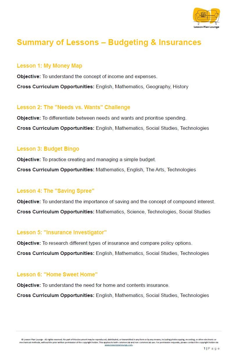 Budgeting & Insurances: 10 Lesson Plans + 1 Summative Assessment Task + Worksheet Suggestions (High School)