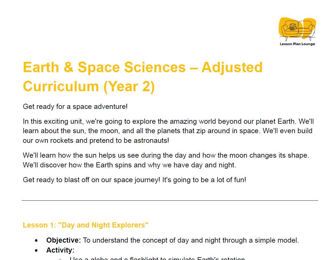 EARTH and SPACE SCIENCES - Adjusted Curriculum: 12 Lesson Plans + 1 Summative Assessment Task (Year 2)