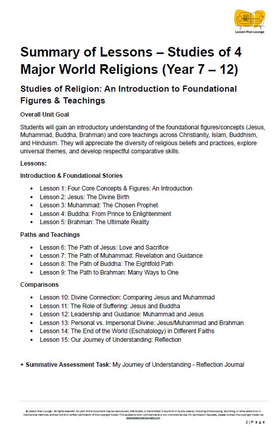 Studies of Religion - 4 Major World Religions: 15 Lesson Plans + Summative Assessment Task + FREE Student WORKBOOK incl. theory (Year 7-12)