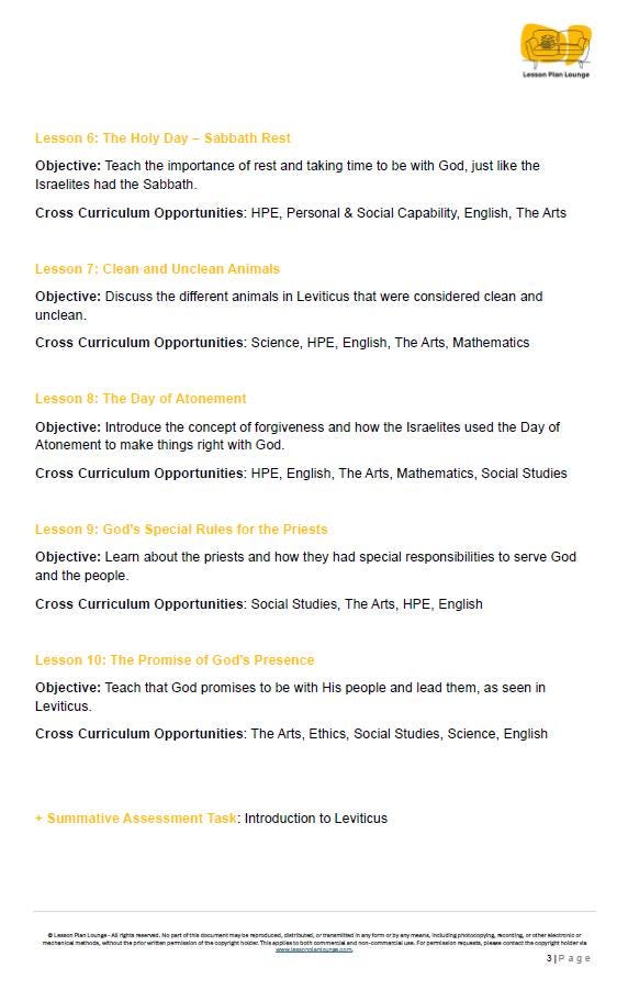 Studies of Religion - Introduction to Leviticus: 10 Lesson Plans + 1 Summative Assessment Task (Kindergarten to Year 2)
