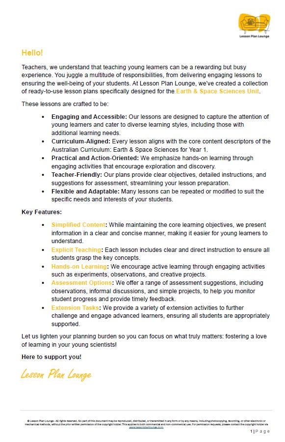 EARTH AND SPACE Sciences Adjusted Curriculum: 12 Lesson Plans + 1 Summative Assessment Task (Year 1)