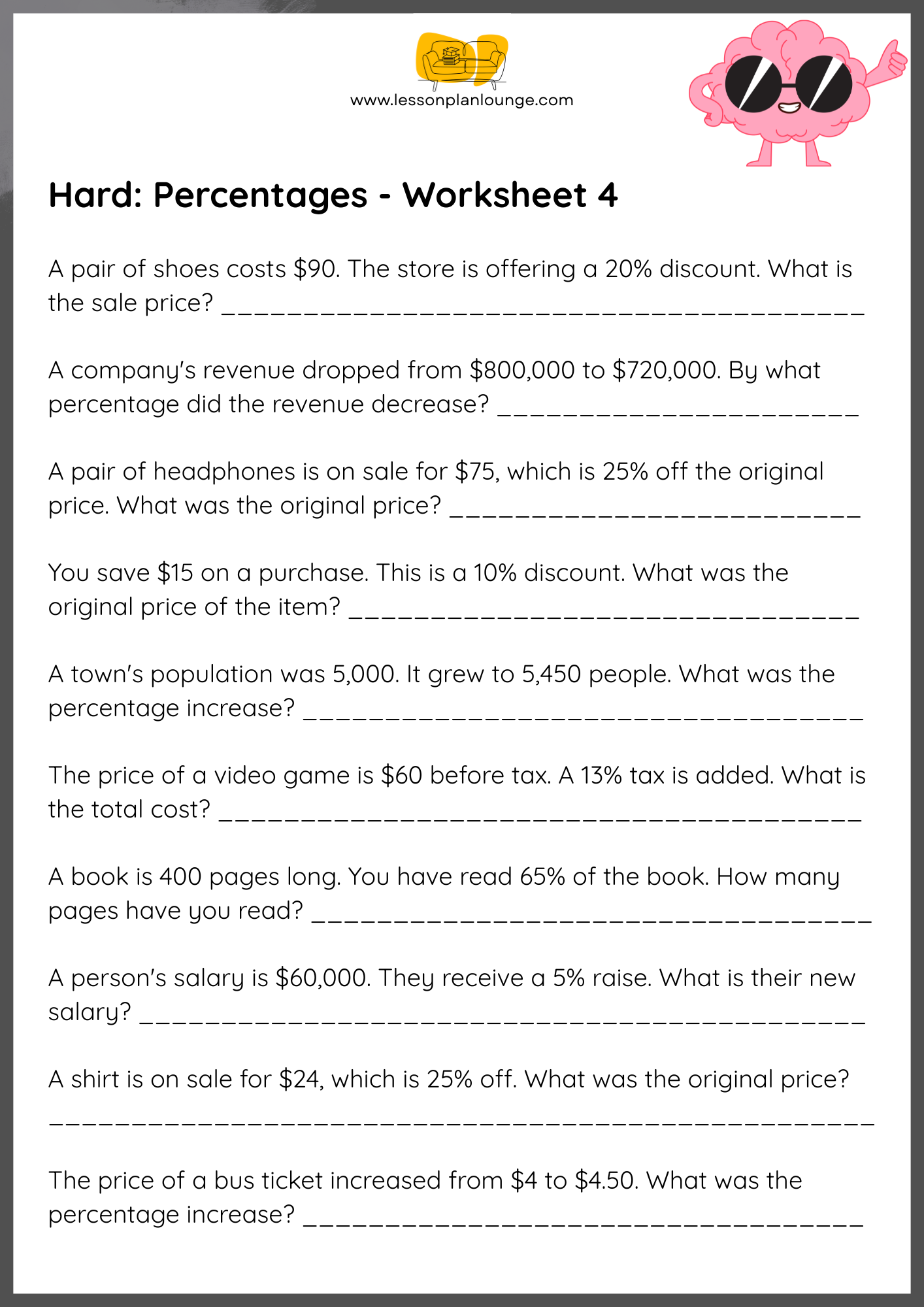 FREE Worksheets - Mathematics - Hard Percentages - Primary/ High School
