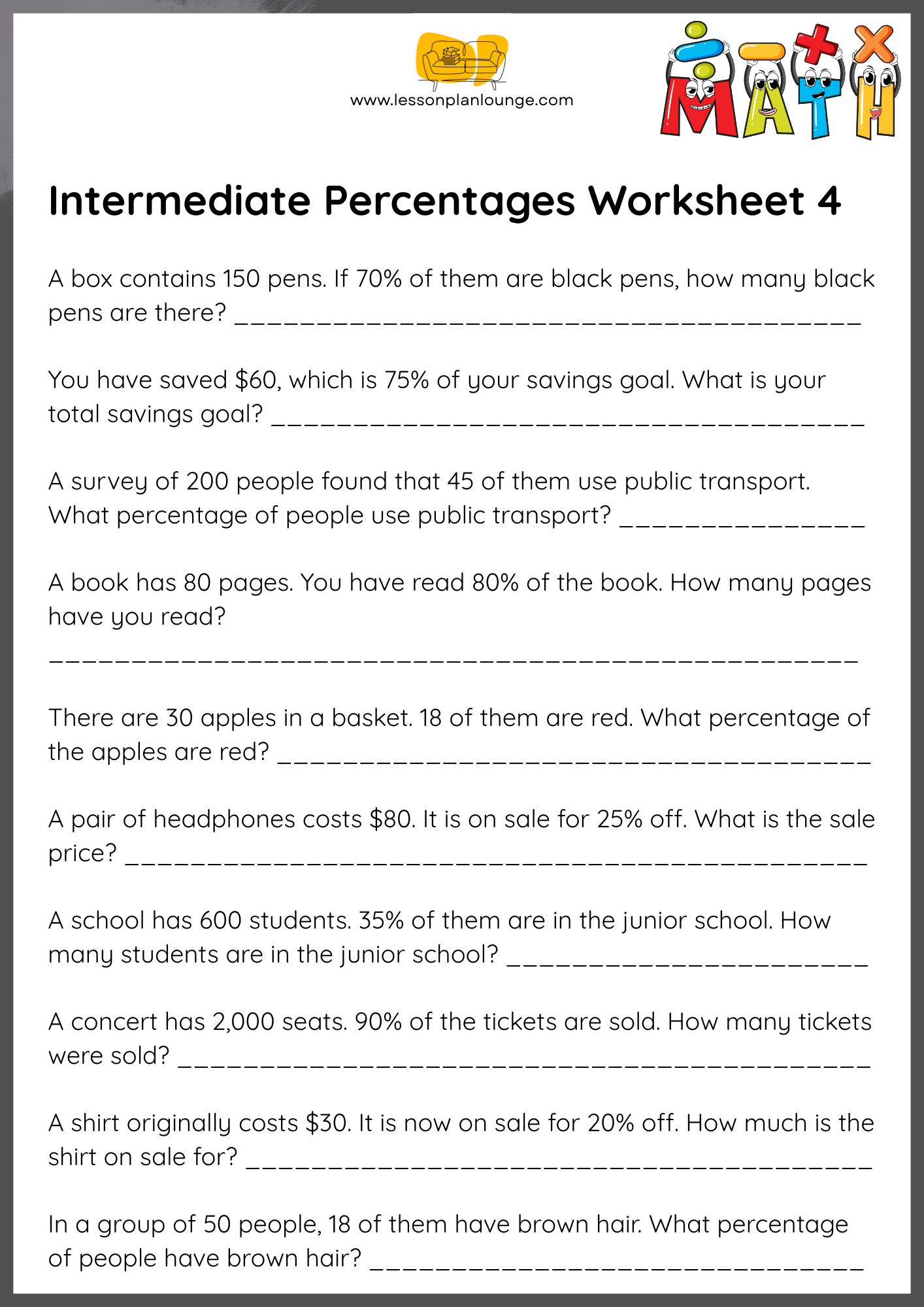 FREE Worksheets - Mathematics - Intermediate Percentages - Primary/ High School