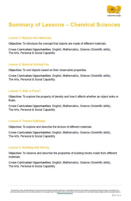 Chemical Science: 10 Lesson Plans + Summative Assessment and FREE Student WORKSHEETS (Foundation Year/ Kindergarten)