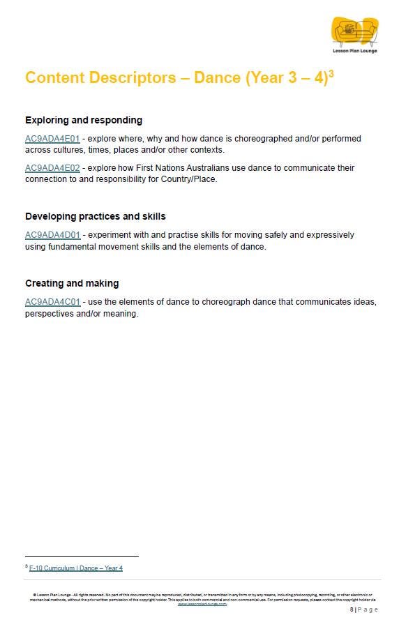 Dance - The Arts: 10 Lesson Plans + 1 Summative Assessment Task + 10 Extra practical lesson ideas (Year 4)
