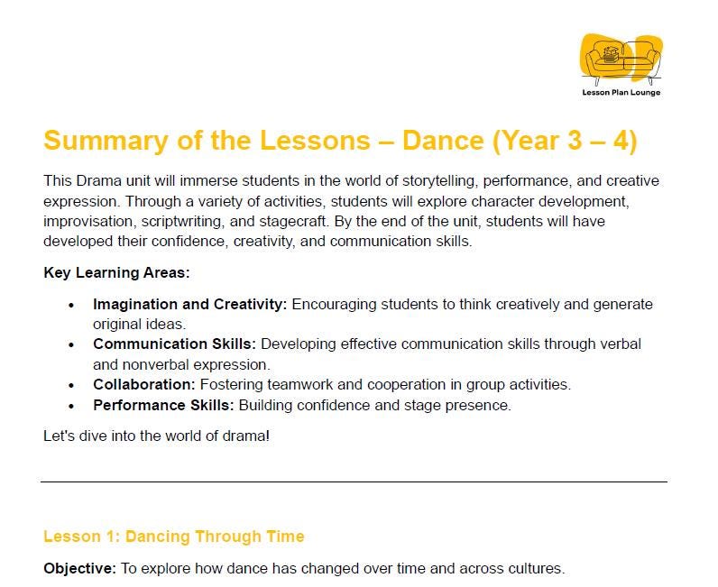 Dance - The Arts: 10 Lesson Plans + 1 Summative Assessment Task + 10 Extra practical lesson ideas (Year 4)