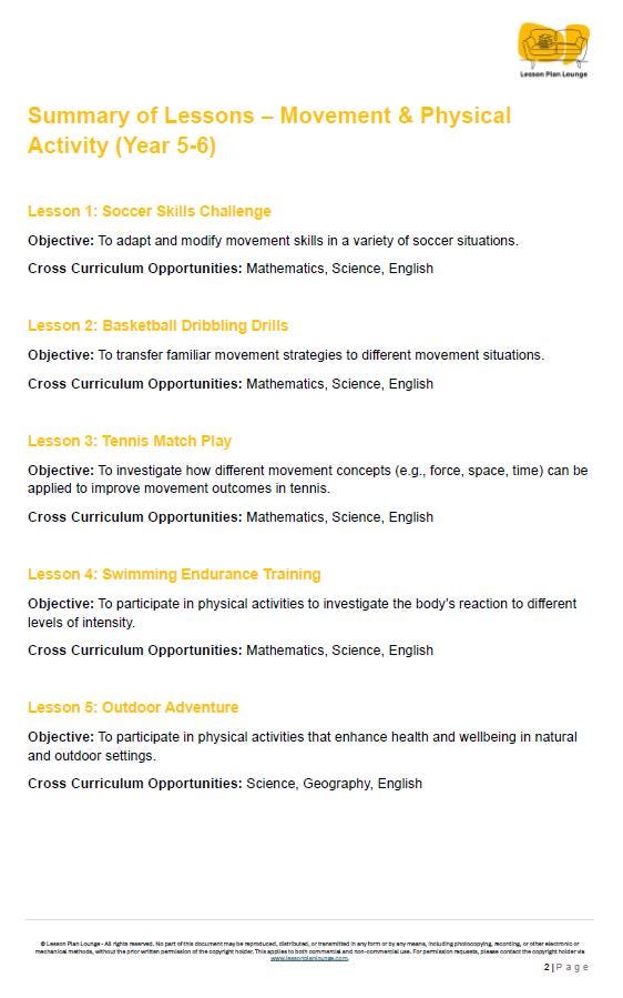 HPE - Movement and Physical Activity: 20 Lesson Plans + 1 Summative Assessment Task (Year 6)