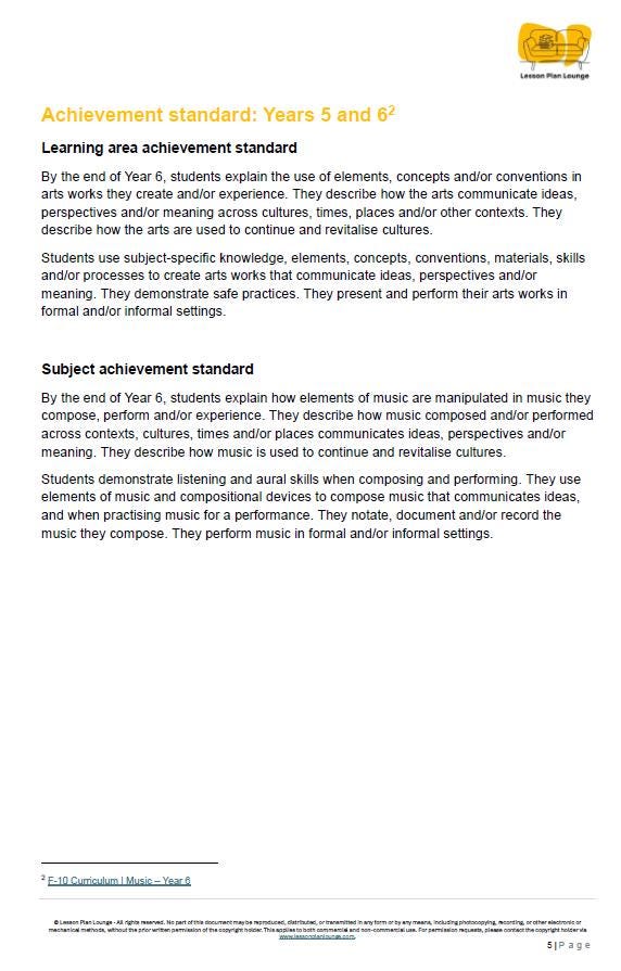 Music - The Arts: 10 Lesson Plans (covering 20-30 lessons) + 1 Summative Assessment (Year 6)