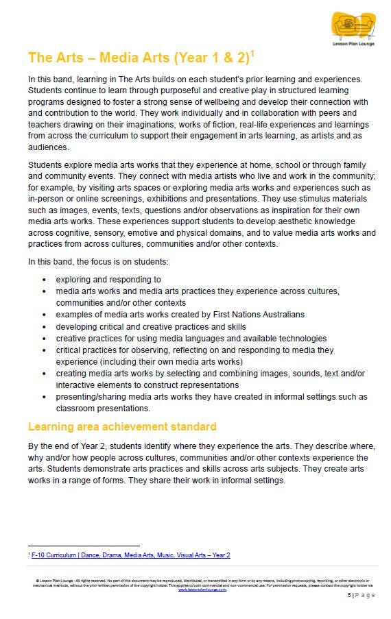 The Arts - MEDIA ARTS: 12 Lesson Plans + 1 Summative Assessment (Year 2)