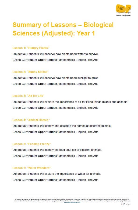 BIOLOGICAL Sciences Adjusted Curriculum: 12 Lesson Plans + 1 Summative Assessment (Year 1)