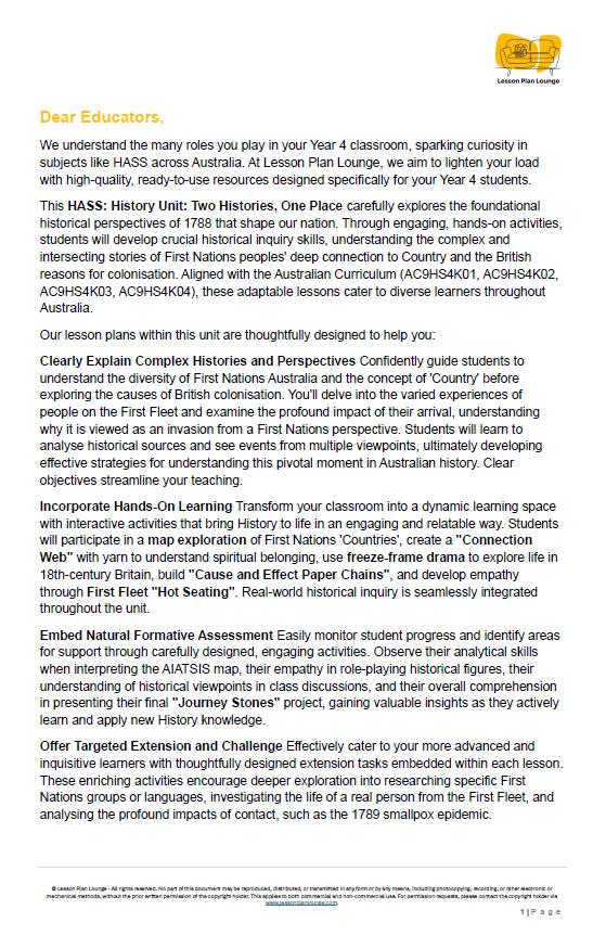 HASS - History: 10 Lesson Plans + 1 Summative Assessment and FREE Student Workbook (Year 4)