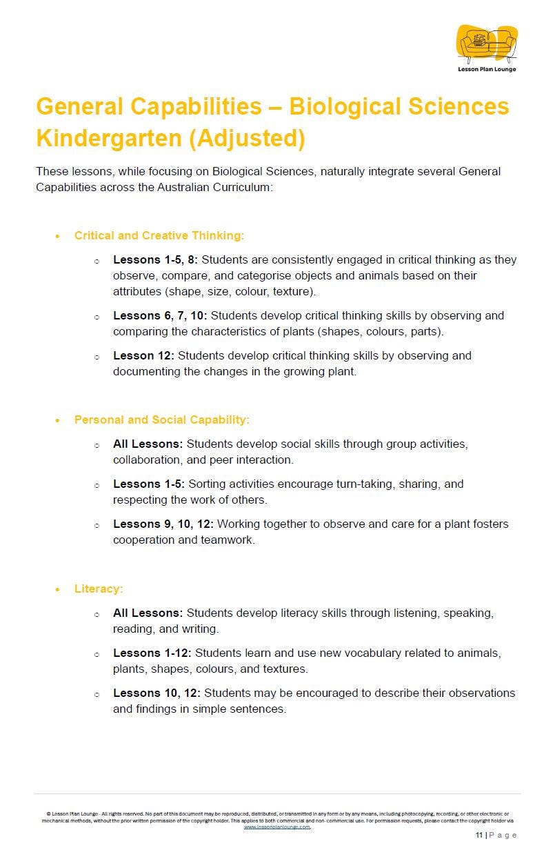 BIOLOGICAL Sciences Adjusted Curriculum: 12 Lesson Plans + 1 Summative Assessment (Kindergarten/ Foundation Year)