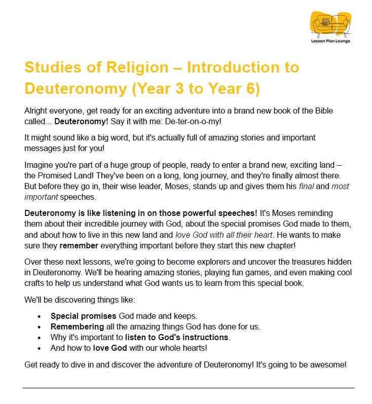 Studies of Religion - Introduction to Deuteronomy: 10 Lesson Plans + 1 Summative Assessment Task (Year 3 to Year 6)