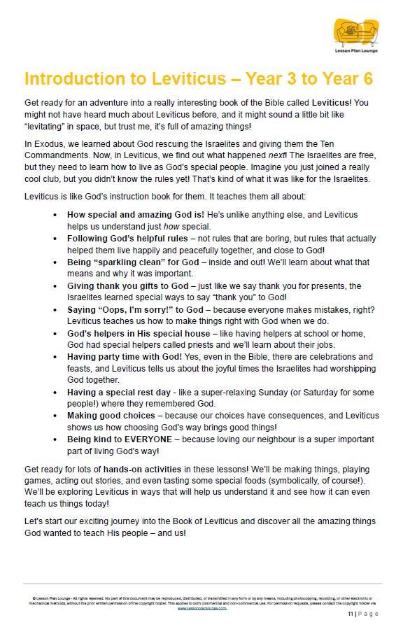 Studies of Religion - Introduction to Leviticus: 10 Lesson Plans + 1 Summative Assessment Task (Year 3 to Year 6)