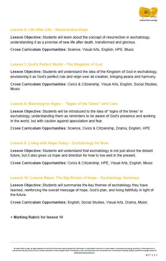 Studies of Religion - Introduction to Eschatology: 10 Lesson Plans + Marking Rubric for lesson 10 (Year 3 to Year 6)