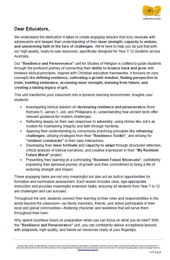 Studies of Religion - Resilience & Perseverance Coping with Challenges: 10 Lesson Plans + Summative Task + FREE Student Workbook (Year 7-12)