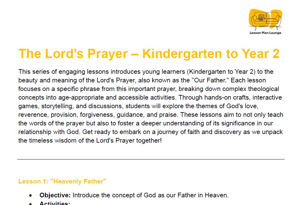 Studies of Religion - Introduction to The Lord's Prayer: 10 Lesson Plans + 1 Summative Assessment Task (Kindergarten to Year 2)