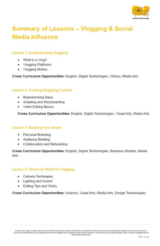 Vlogging and Social Media Influence: 10 Lesson Plans + 1 Summative Assessment + Worksheet Suggestions (High School)
