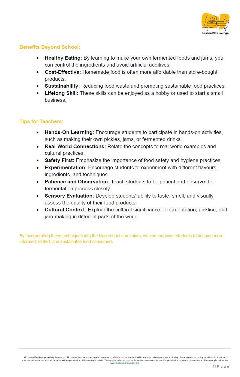 Fermentation, Pickling and Jam Making: 10 Lesson Plans + 1 Summative Assessment (High School)
