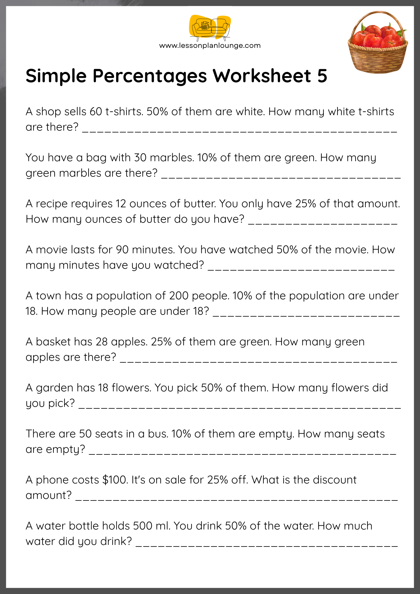 FREE Worksheets - Mathematics - Simple Percentages - Primary Education