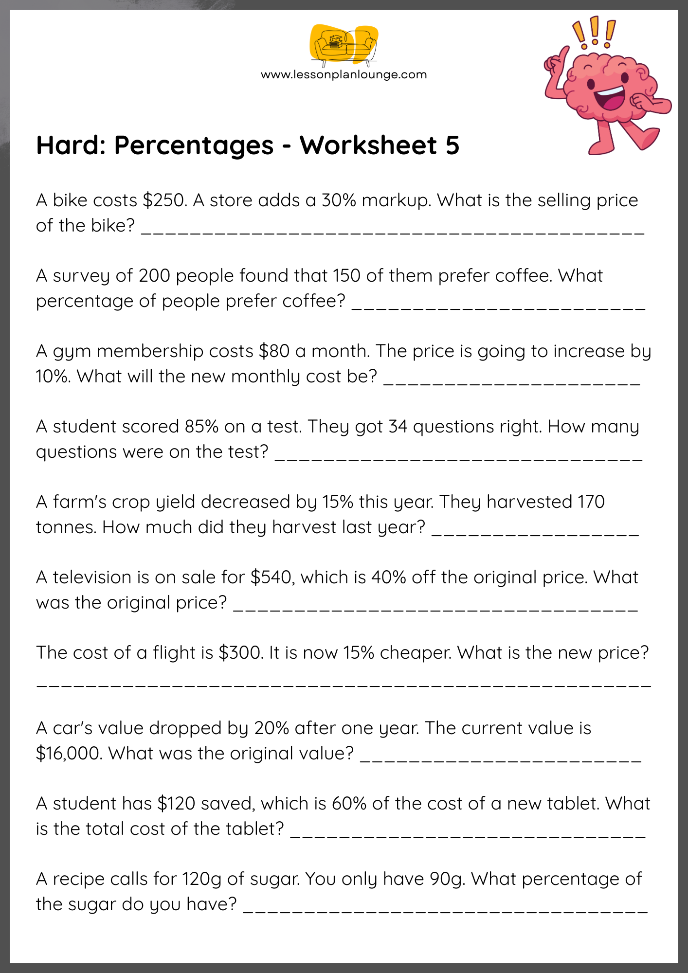 FREE Worksheets - Mathematics - Hard Percentages - Primary/ High School