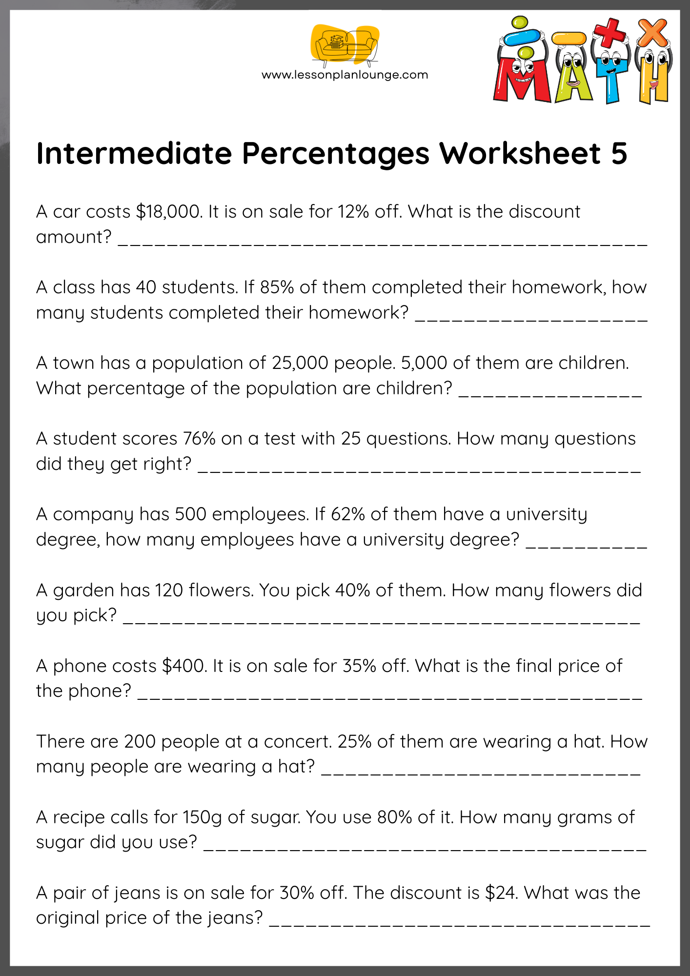 FREE Worksheets - Mathematics - Intermediate Percentages - Primary/ High School