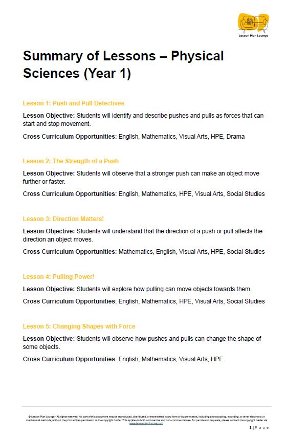 Science - Physical Sciences: 10 Lesson Plans + 1 Summative Assessments and FREE Student WORKSHEETS (Year 1)