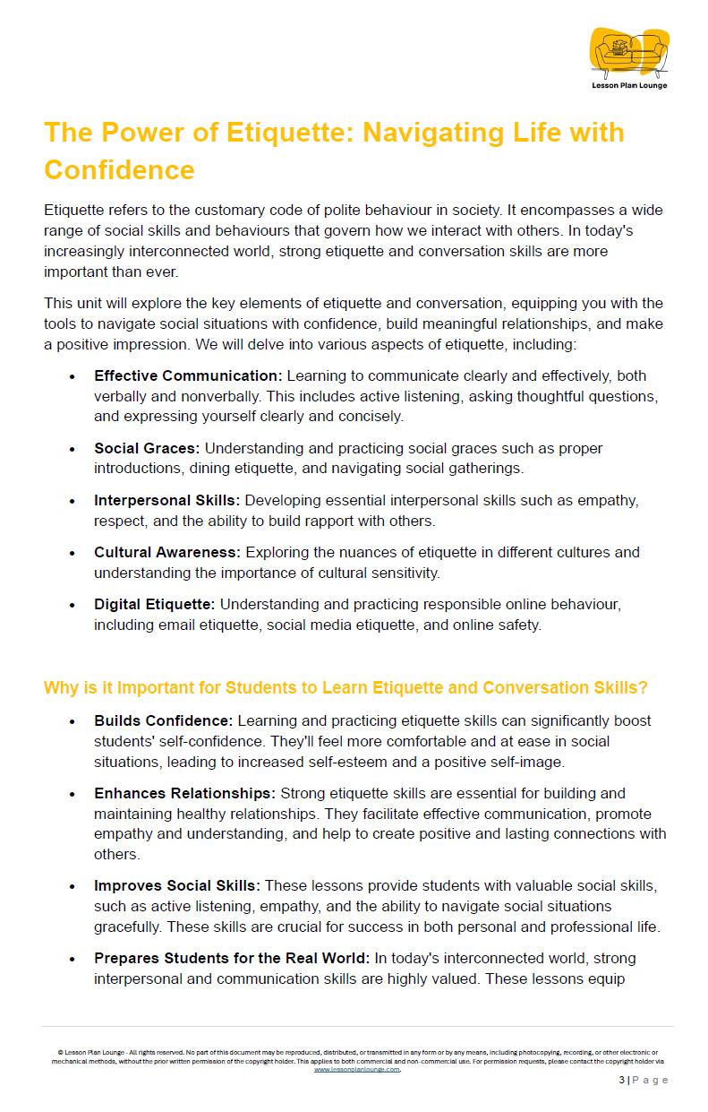 Etiquette and Conversation Skills: 10 Lesson Plans + 1 Summative Assessment + Worksheet Suggestions (High School)