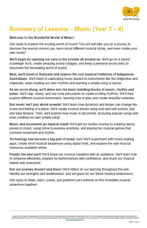 Music - The Arts: 10 Lesson Plans + 1 Summative Assessment Task (Year 3)