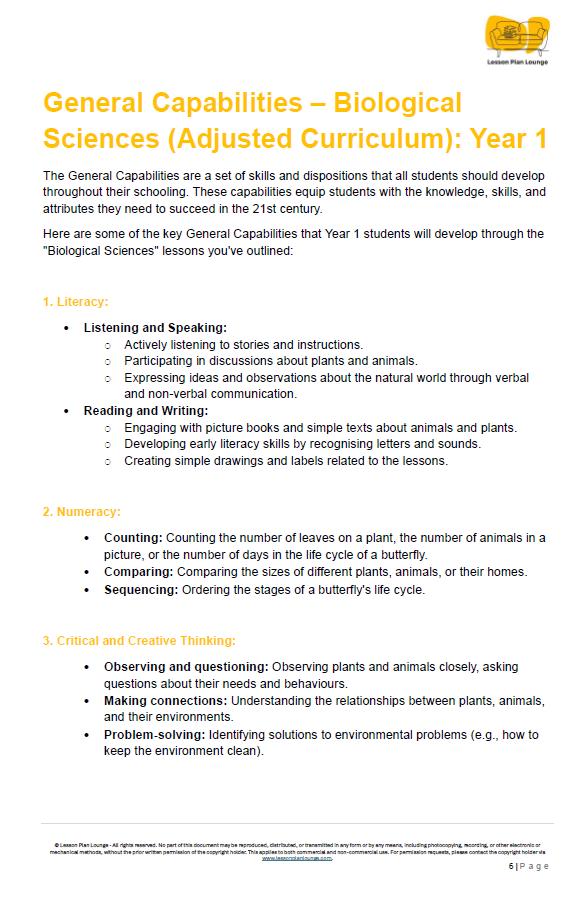 BIOLOGICAL Sciences Adjusted Curriculum: 12 Lesson Plans + 1 Summative Assessment (Year 1)